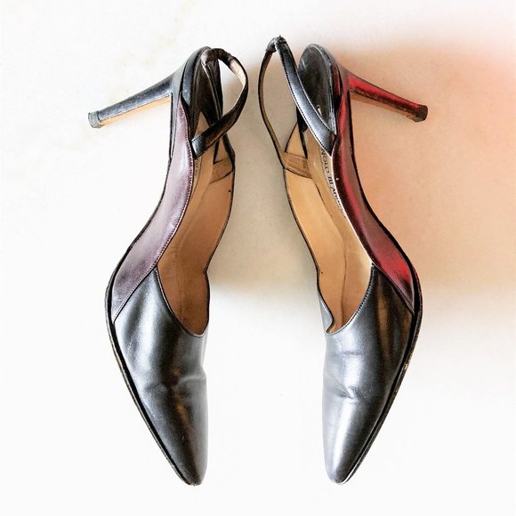 Manolo Blahnik black & brown leather slingback heels, pointed toes, stiletto - Picture 7 of 10